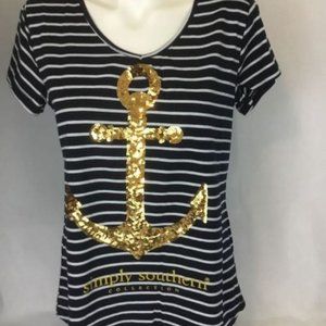 NWT Simply Southern Blue/White Stripe Gold Anchor